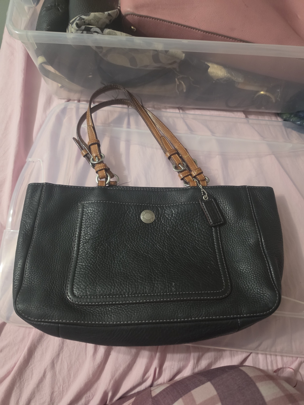 Coach Black Pebbled Leather Shoulder Bag with Tan Straps